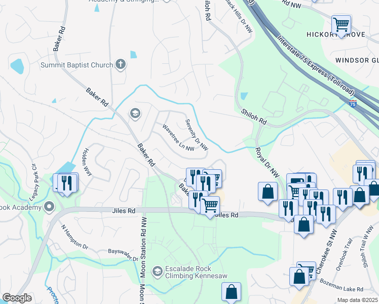 map of restaurants, bars, coffee shops, grocery stores, and more near 2319 Wavetree Lane Northwest in Acworth