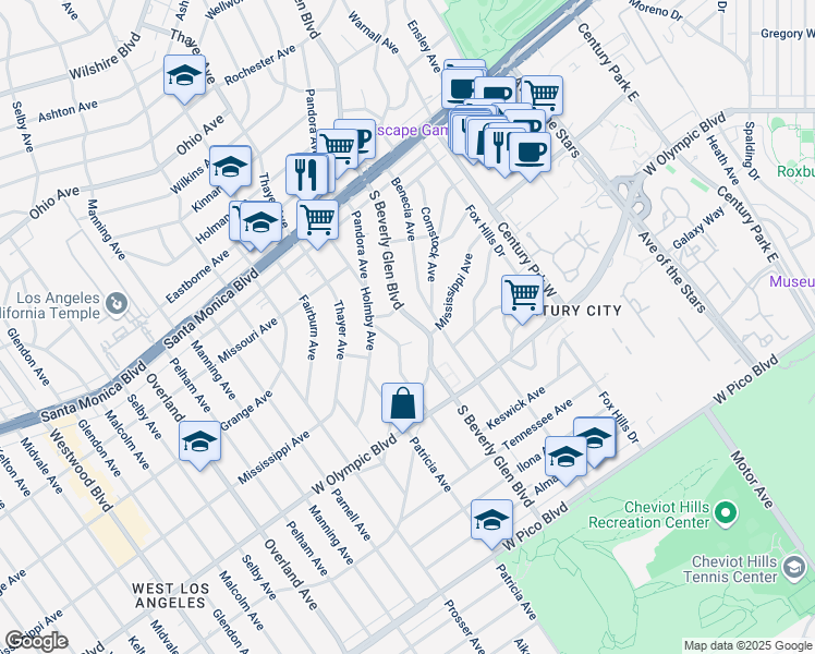 map of restaurants, bars, coffee shops, grocery stores, and more near 2024 South Beverly Glen Boulevard in Los Angeles