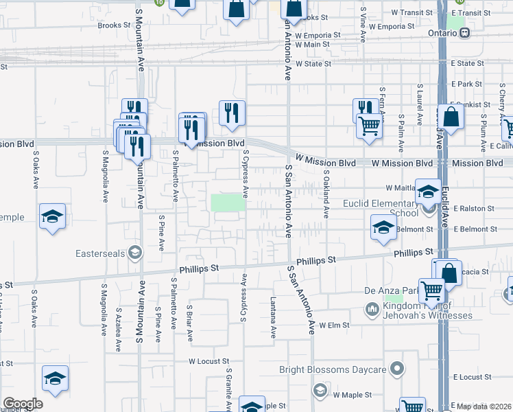 map of restaurants, bars, coffee shops, grocery stores, and more near 758 West Ralston Street in Ontario