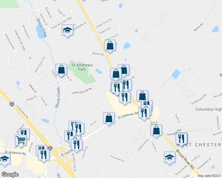 map of restaurants, bars, coffee shops, grocery stores, and more near 1211 Metze Road in Columbia