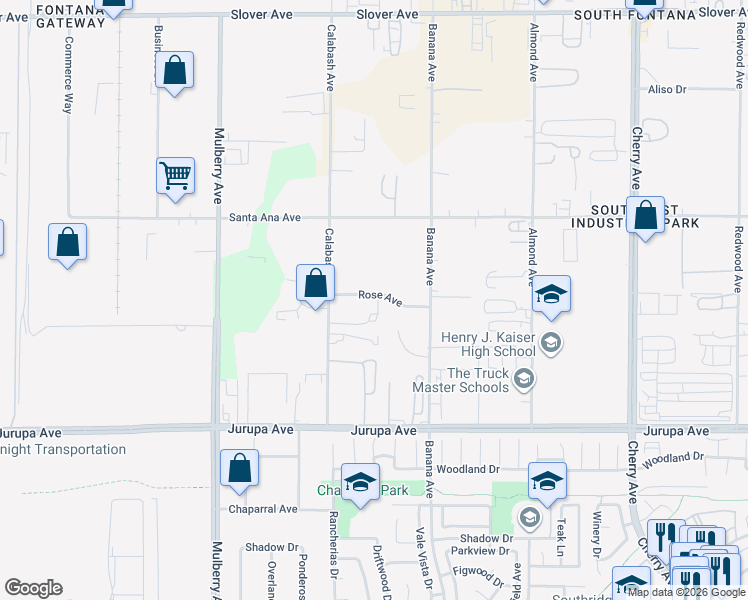 map of restaurants, bars, coffee shops, grocery stores, and more near in Fontana