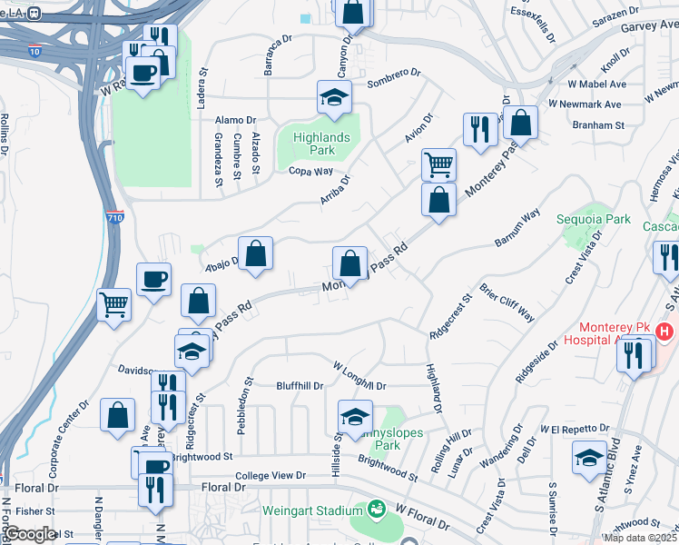 map of restaurants, bars, coffee shops, grocery stores, and more near 745 Monterey Pass Road in Monterey Park