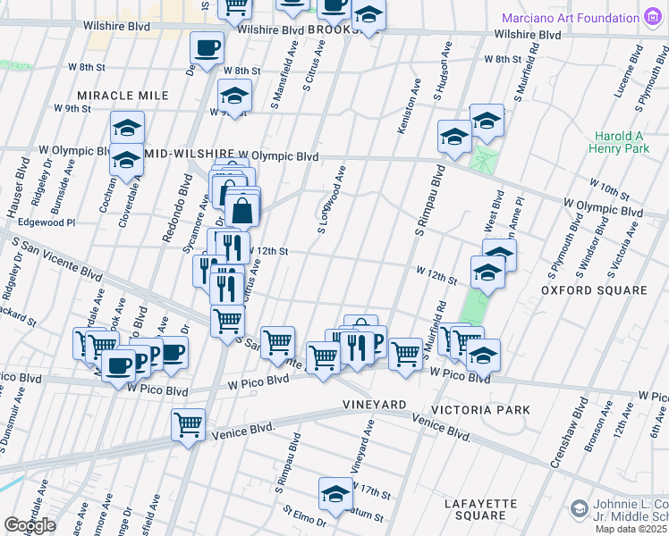 map of restaurants, bars, coffee shops, grocery stores, and more near 1203 South Tremaine Avenue in Los Angeles