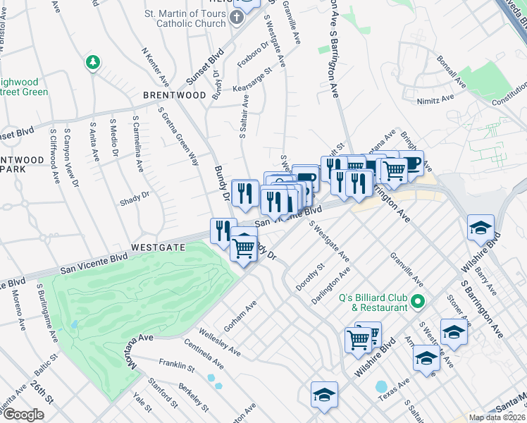 map of restaurants, bars, coffee shops, grocery stores, and more near 11999 San Vicente Boulevard in Los Angeles