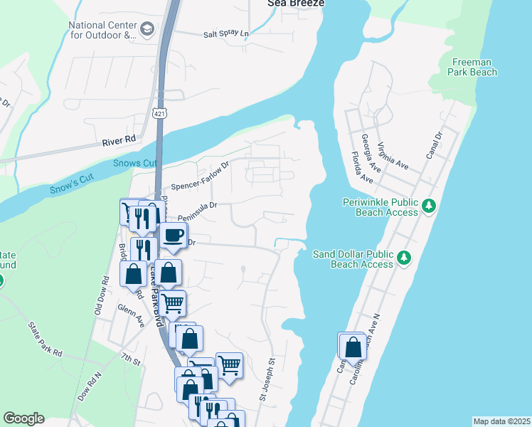 map of restaurants, bars, coffee shops, grocery stores, and more near 128 Teakwood Drive in Carolina Beach
