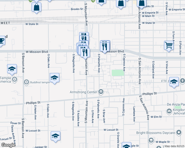 map of restaurants, bars, coffee shops, grocery stores, and more near 1016 West Ralston Street in Ontario
