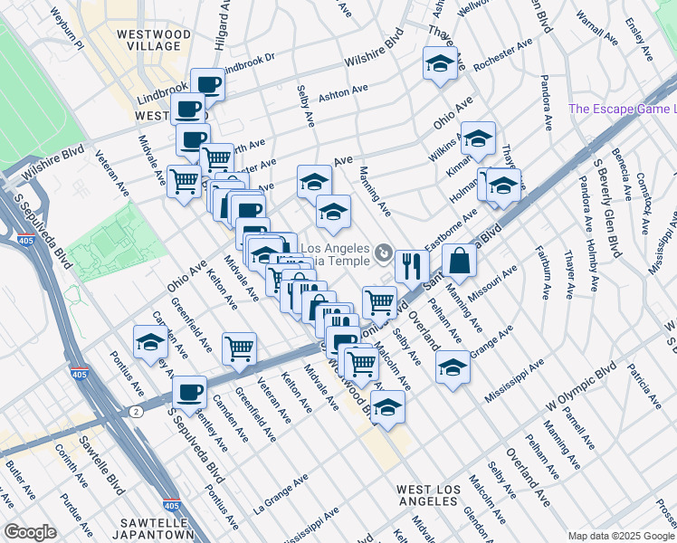 map of restaurants, bars, coffee shops, grocery stores, and more near 10755 Massachusetts Avenue in Los Angeles