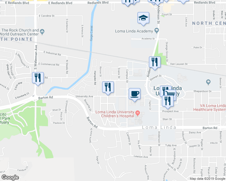 map of restaurants, bars, coffee shops, grocery stores, and more near 11066 Evans Street in Loma Linda