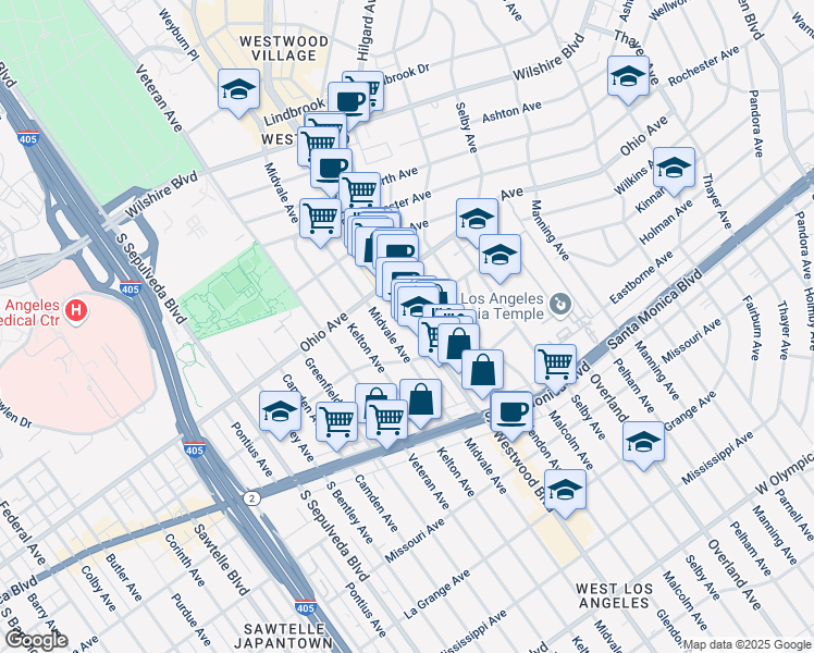 map of restaurants, bars, coffee shops, grocery stores, and more near 1561 Westwood Boulevard in Los Angeles