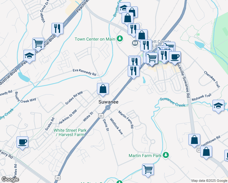 map of restaurants, bars, coffee shops, grocery stores, and more near Mary Lou Street in Suwanee