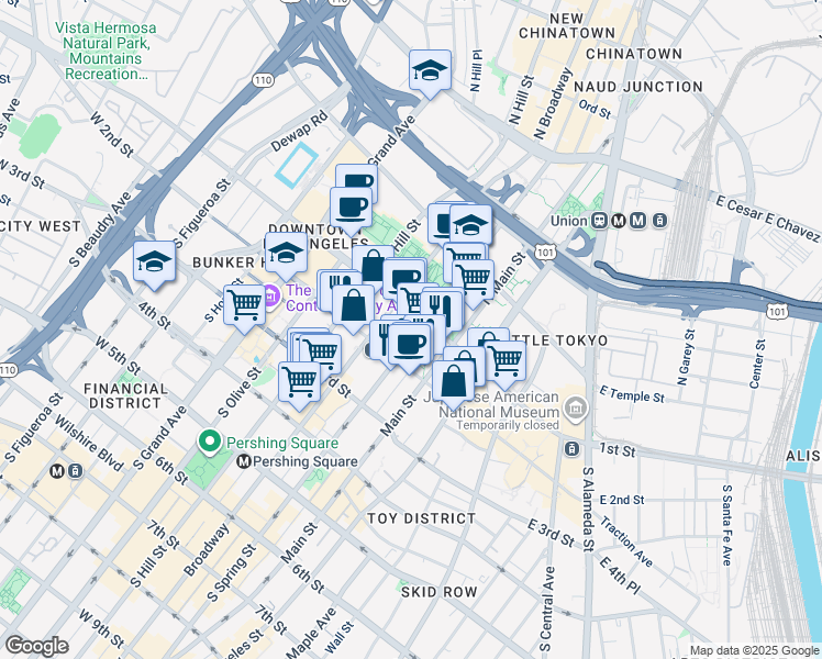 map of restaurants, bars, coffee shops, grocery stores, and more near 127 South Los Angeles Street in Los Angeles