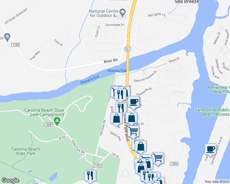 map of restaurants, bars, coffee shops, grocery stores, and more near 633 Spencer-Farlow Drive in Carolina Beach