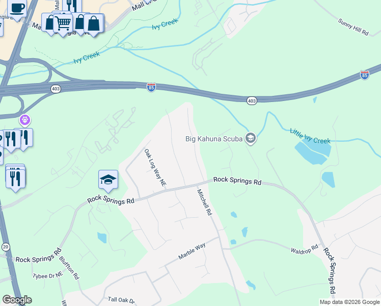 map of restaurants, bars, coffee shops, grocery stores, and more near 2722 Crestworth Lane in Buford