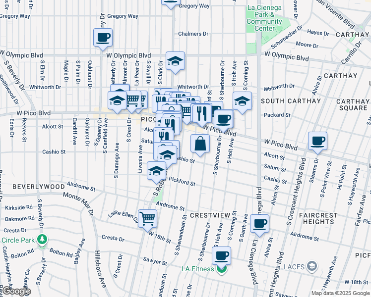 map of restaurants, bars, coffee shops, grocery stores, and more near 1455 South Wooster Street in Los Angeles