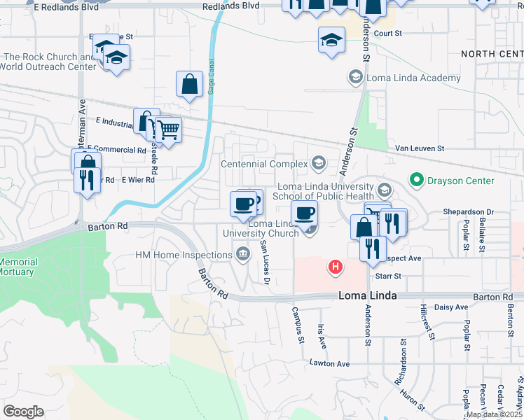 map of restaurants, bars, coffee shops, grocery stores, and more near 11066 Evans Street in Loma Linda
