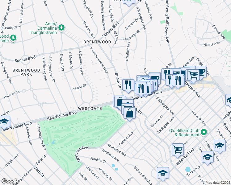 map of restaurants, bars, coffee shops, grocery stores, and more near 650 South Gretna Green Way in Los Angeles