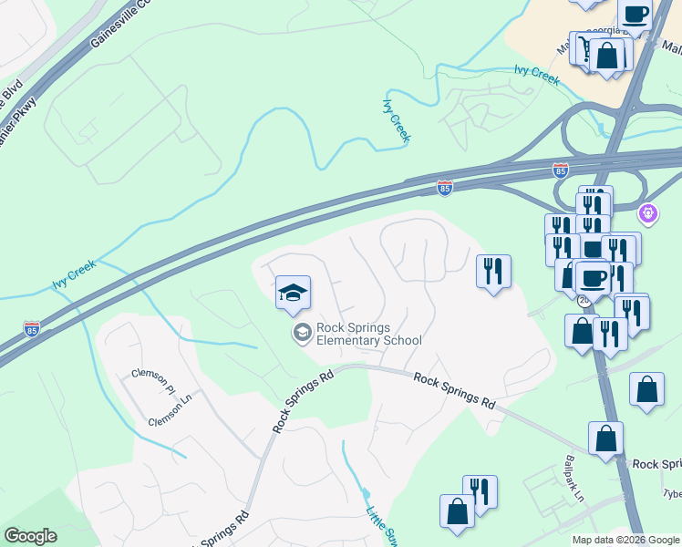 map of restaurants, bars, coffee shops, grocery stores, and more near 914 Koala Court in Lawrenceville