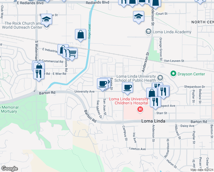 map of restaurants, bars, coffee shops, grocery stores, and more near 11052 San Juan Street in Loma Linda