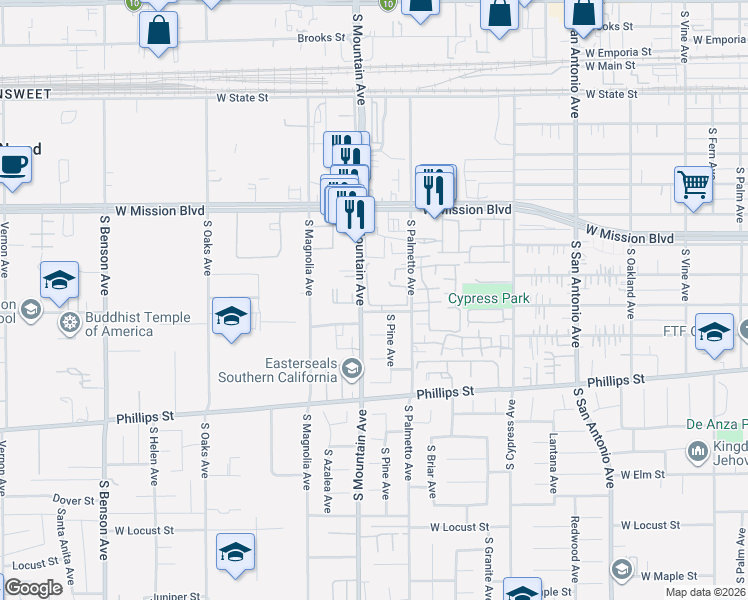 map of restaurants, bars, coffee shops, grocery stores, and more near 1040 West Ralston Street in Ontario