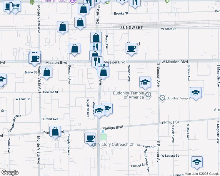 map of restaurants, bars, coffee shops, grocery stores, and more near 11075 Central Avenue in Ontario