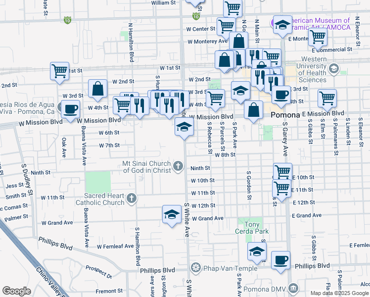 map of restaurants, bars, coffee shops, grocery stores, and more near 700 South White Avenue in Pomona