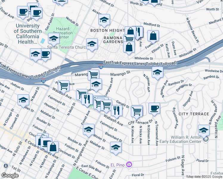 map of restaurants, bars, coffee shops, grocery stores, and more near 1137 North Evergreen Avenue in Los Angeles