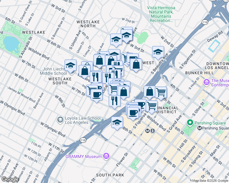 map of restaurants, bars, coffee shops, grocery stores, and more near 629 South Bixel Street in Los Angeles