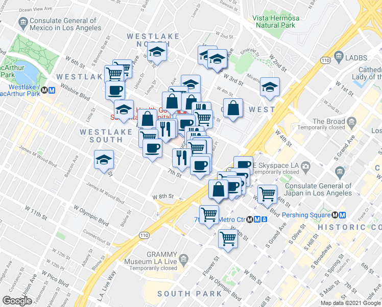 map of restaurants, bars, coffee shops, grocery stores, and more near 1145 Wilshire Boulevard in Los Angeles