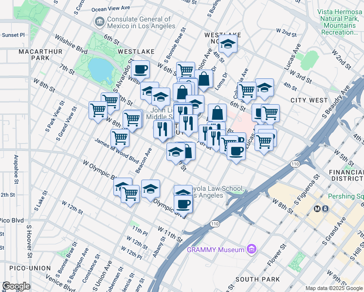 map of restaurants, bars, coffee shops, grocery stores, and more near 1527 Cambria Street in Los Angeles