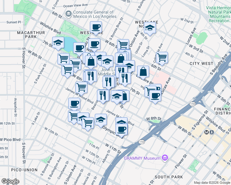 map of restaurants, bars, coffee shops, grocery stores, and more near in Los Angeles