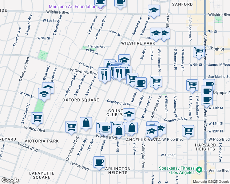 map of restaurants, bars, coffee shops, grocery stores, and more near 1035 South Norton Avenue in Los Angeles