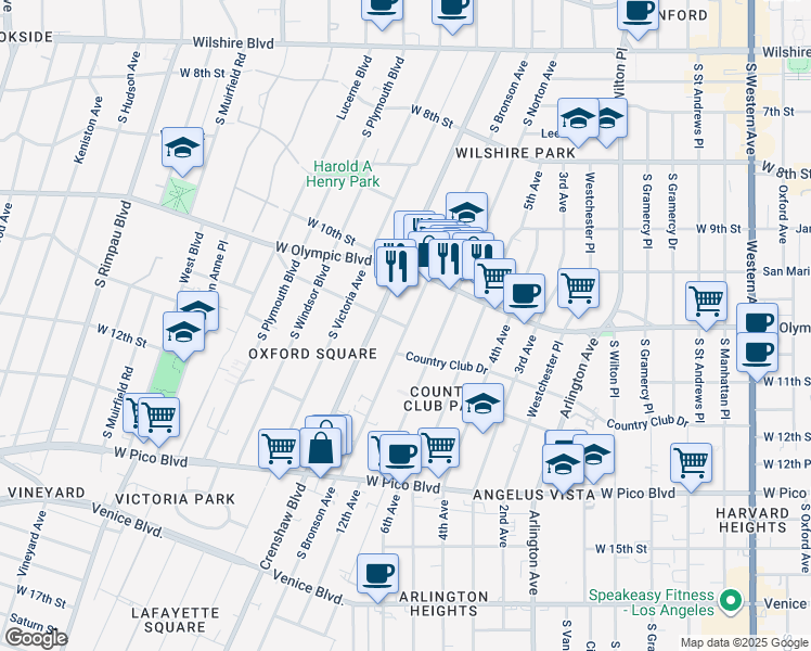 map of restaurants, bars, coffee shops, grocery stores, and more near 1053 South Bronson Avenue in Los Angeles
