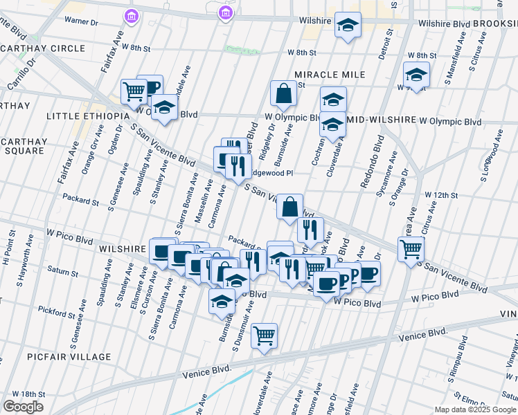 map of restaurants, bars, coffee shops, grocery stores, and more near 1206 South Burnside Avenue in Los Angeles