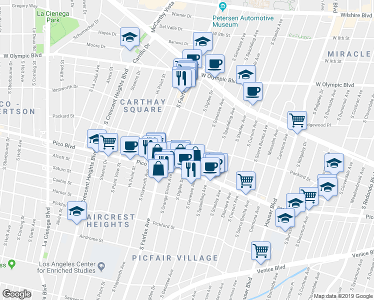 map of restaurants, bars, coffee shops, grocery stores, and more near 1258 South Ogden Drive in Los Angeles