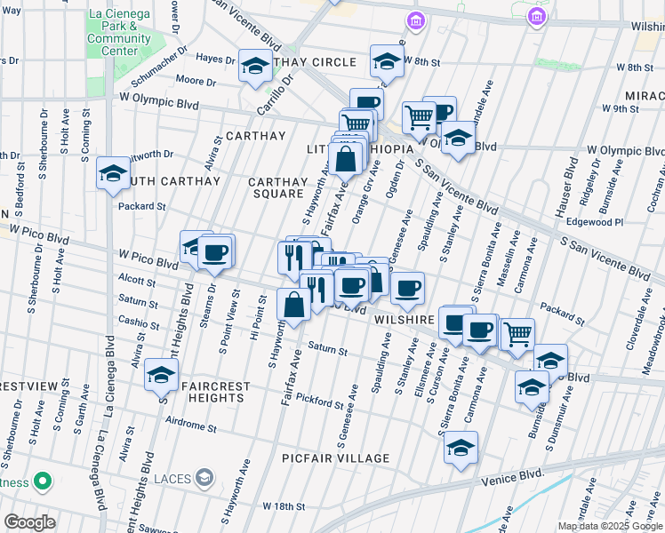 map of restaurants, bars, coffee shops, grocery stores, and more near 1300 South Orange Grove Avenue in Los Angeles