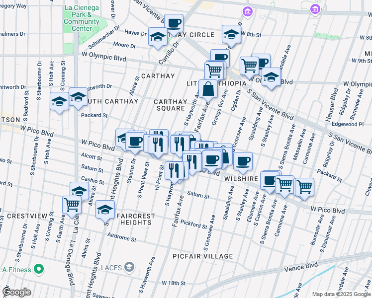 map of restaurants, bars, coffee shops, grocery stores, and more near 1215 South Fairfax Avenue in Los Angeles