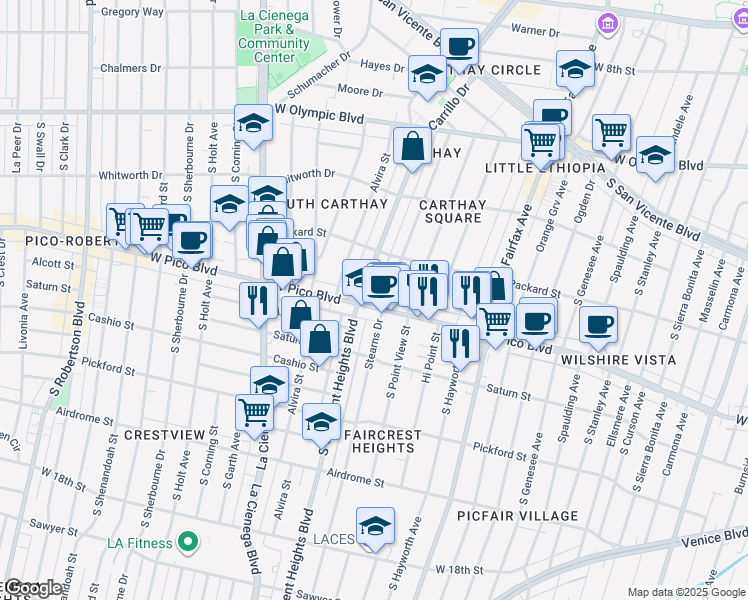 map of restaurants, bars, coffee shops, grocery stores, and more near in Los Angeles