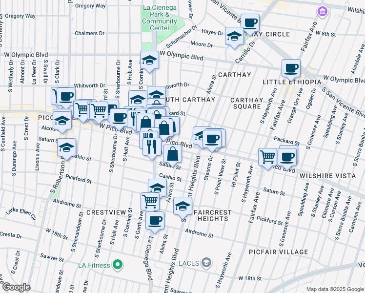 map of restaurants, bars, coffee shops, grocery stores, and more near 6095 West Pico Boulevard in Los Angeles