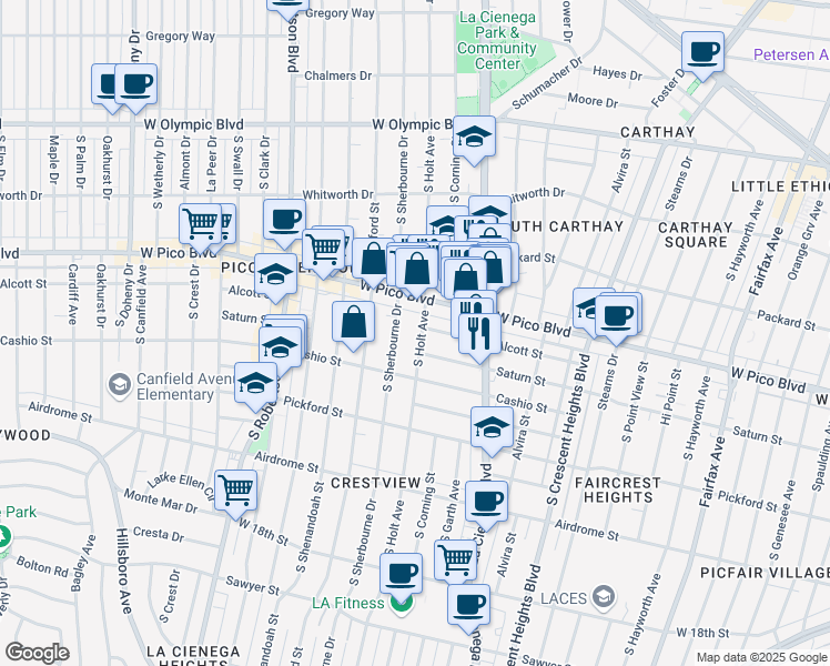 map of restaurants, bars, coffee shops, grocery stores, and more near 1423 South Holt Avenue in Los Angeles