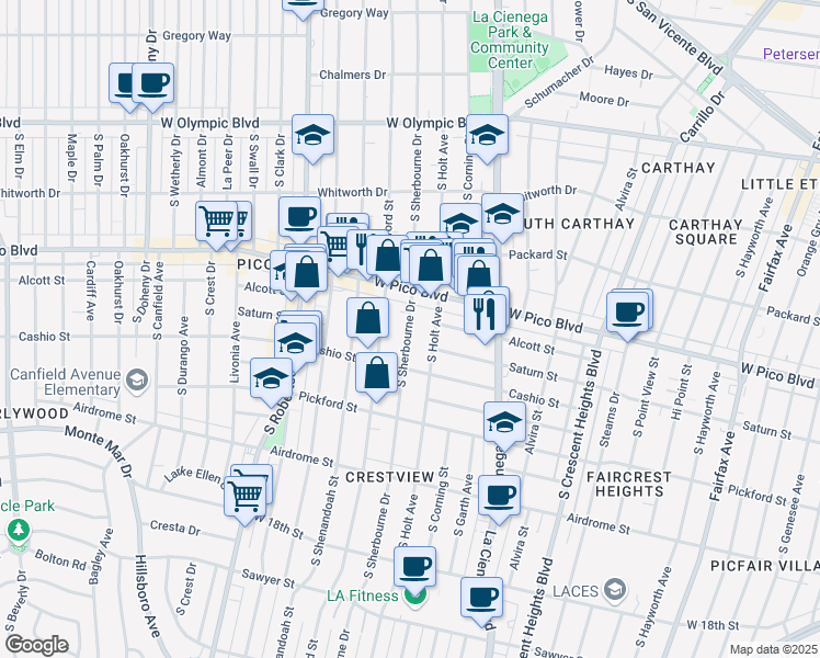 map of restaurants, bars, coffee shops, grocery stores, and more near 1431 South Sherbourne Drive in Los Angeles