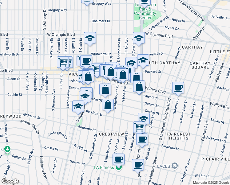 map of restaurants, bars, coffee shops, grocery stores, and more near 1431 South Sherbourne Drive in Los Angeles