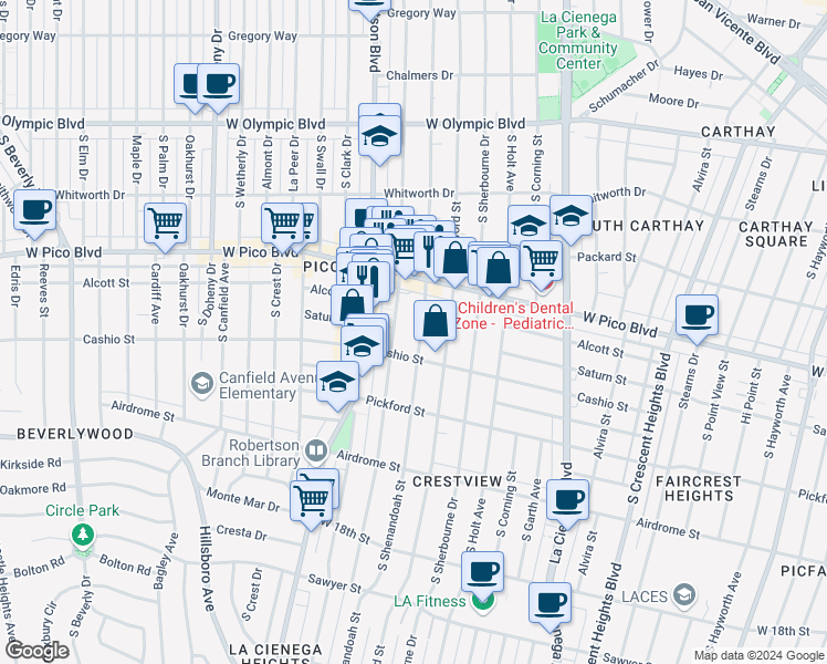 map of restaurants, bars, coffee shops, grocery stores, and more near 1442 South Shenandoah Street in Los Angeles