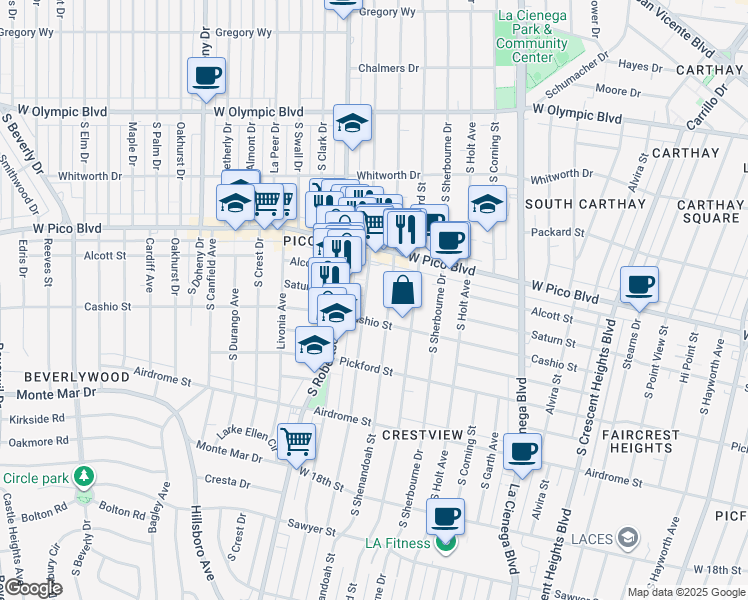 map of restaurants, bars, coffee shops, grocery stores, and more near 1455 South Wooster Street in Los Angeles