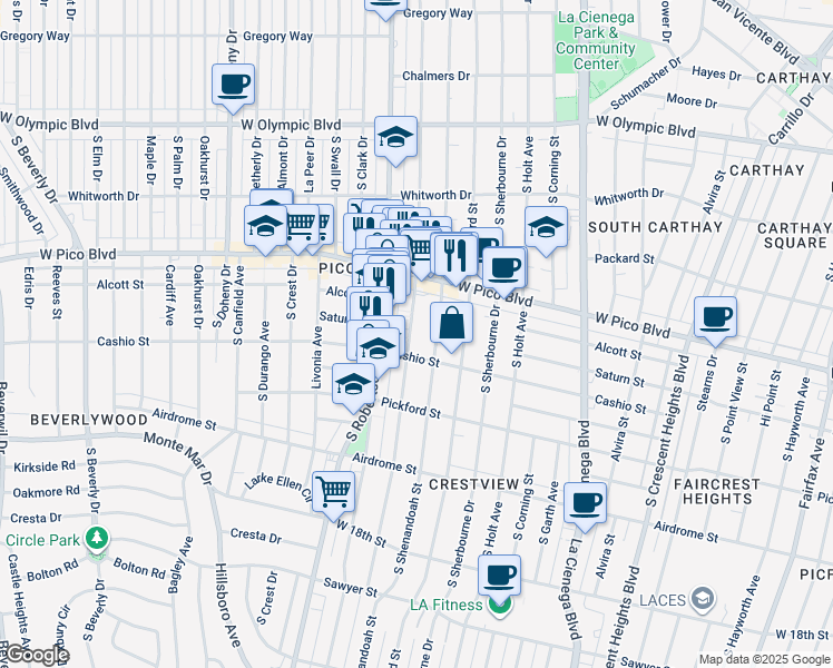 map of restaurants, bars, coffee shops, grocery stores, and more near 1455 South Wooster Street in Los Angeles