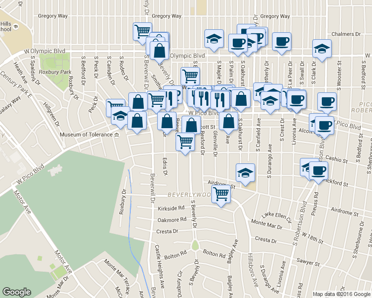 map of restaurants, bars, coffee shops, grocery stores, and more near in Los Angeles