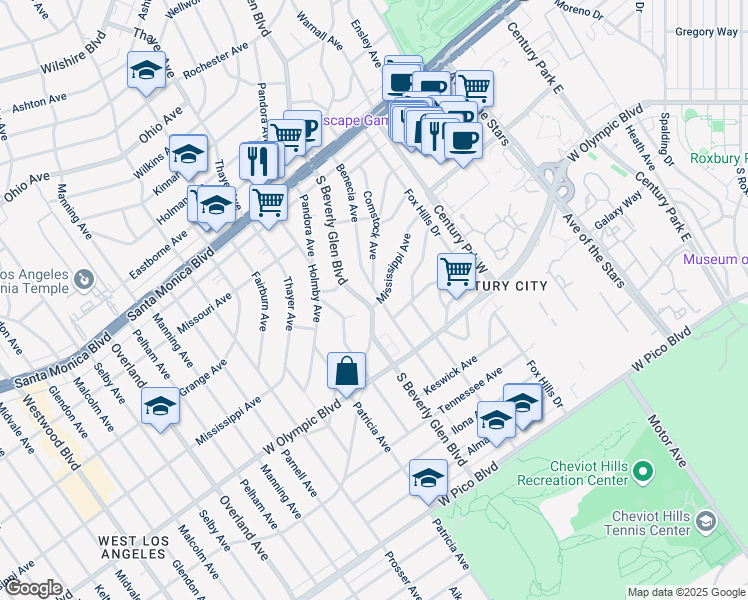 map of restaurants, bars, coffee shops, grocery stores, and more near 2024 South Beverly Glen Boulevard in Los Angeles