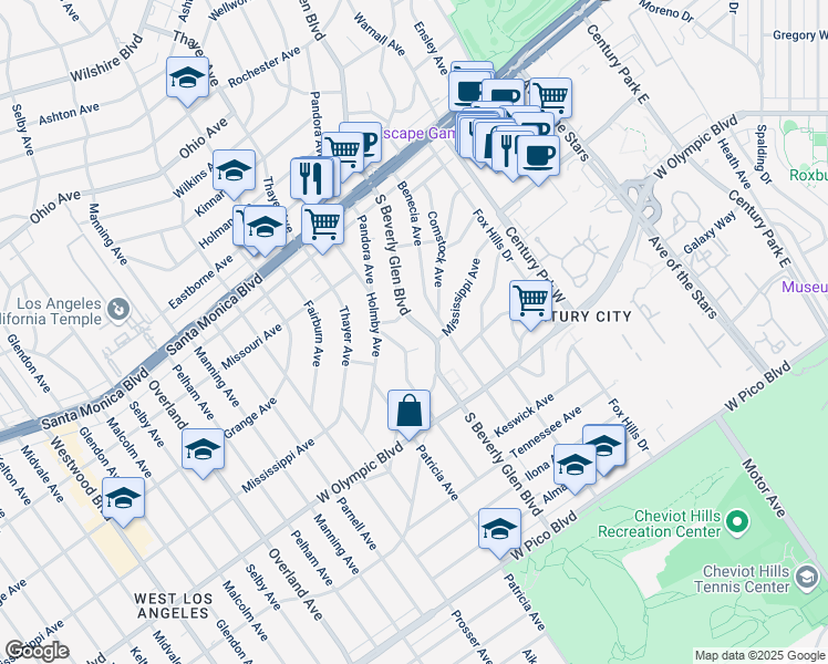 map of restaurants, bars, coffee shops, grocery stores, and more near 2024 South Beverly Glen Boulevard in Los Angeles