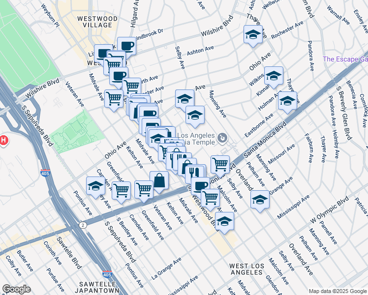 map of restaurants, bars, coffee shops, grocery stores, and more near 1646 Malcolm Avenue in Los Angeles
