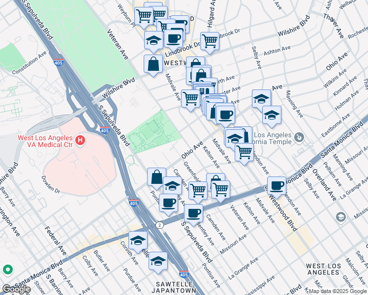 map of restaurants, bars, coffee shops, grocery stores, and more near 1404 Greenfield Avenue in Los Angeles