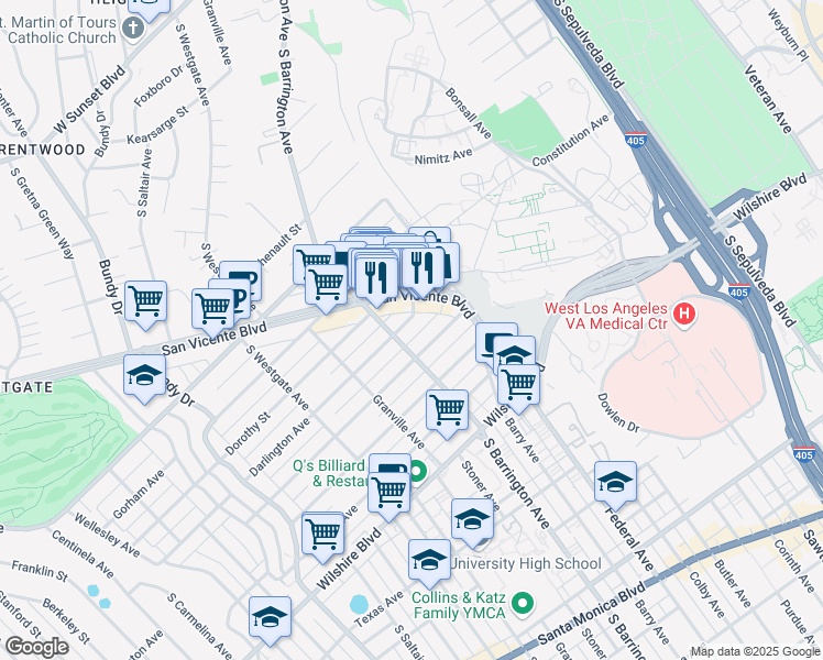 map of restaurants, bars, coffee shops, grocery stores, and more near 11681 Darlington Avenue in Los Angeles